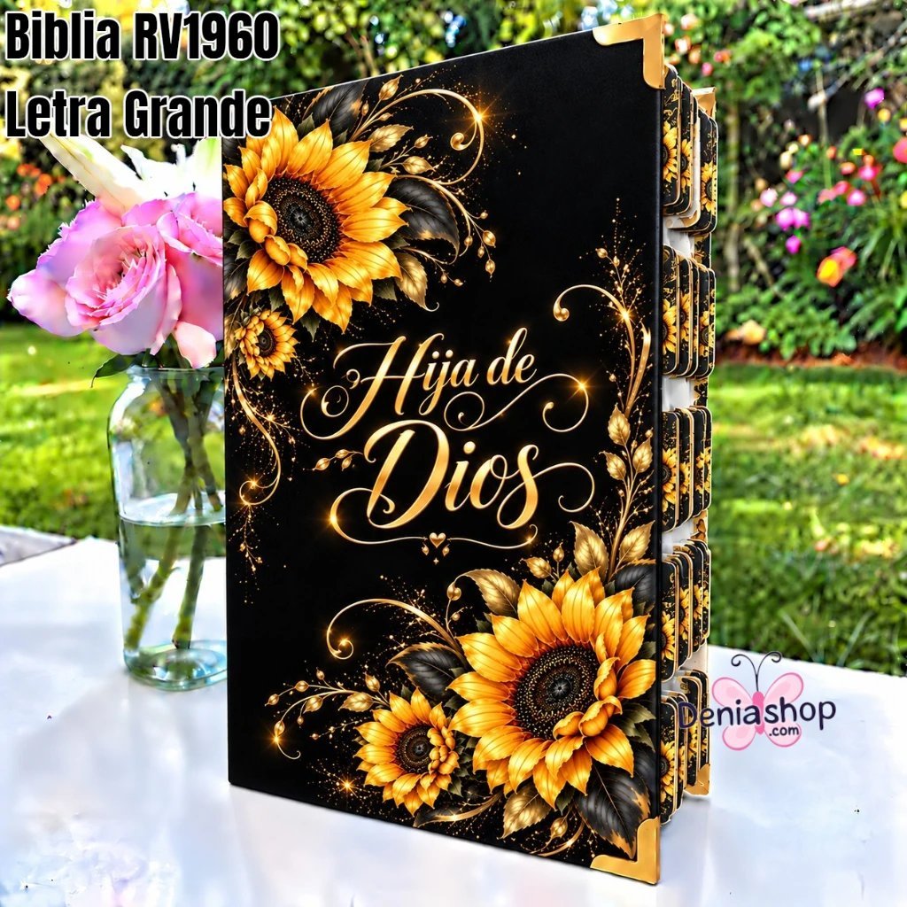 Biblia Personalizada Negra con Girasoles - Letra Grande de 12 Puntos - Reina Valera 1960 - Tapa Dura - Tamaño Regular - Español