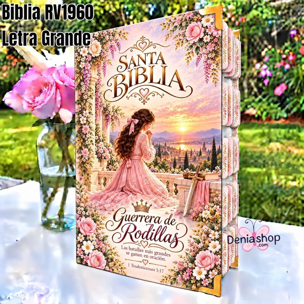 Biblia Personalizada Rosada Guerrera de Rodillas - Letra Grande de 12 Puntos - Reina Valera 1960 - Tapa Dura - Tamaño Regular - Español